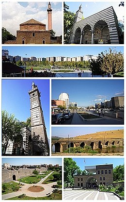 Top left: Ali Pasha Mosque, Top right: Nebi Mosque, 2nd: Seyrangeha Park, 3rd left: Dört Ayakli Minare Mosque, 3rd upper right: Deriyê Çiyê, 3rd lower right: On Gözlü Bridge (or Silvan Bridge), over Tigris River, Bottom left: Diyarbakır City Wall, Bottom right: Gazi Pavillion (Gazi Köşkü)